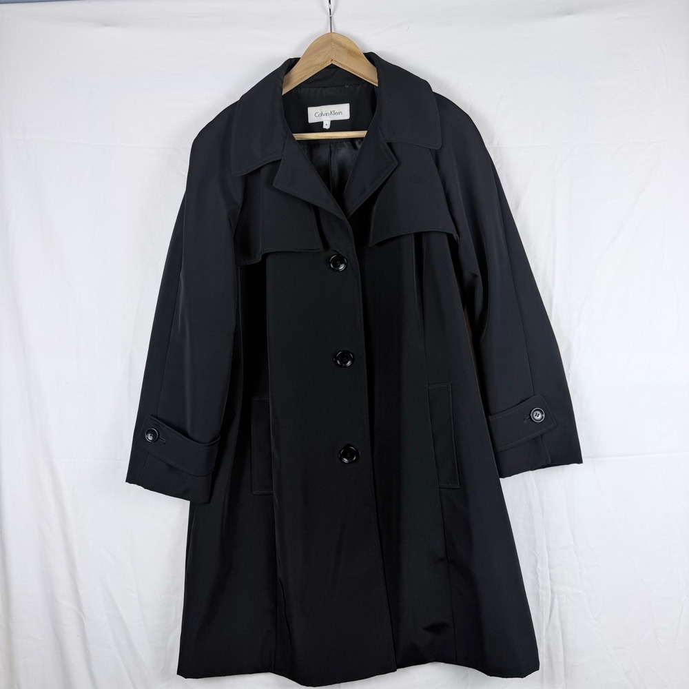 Calvin Klein Black Trench Rain Coat Women's XL Classic Timeless Single Breasted